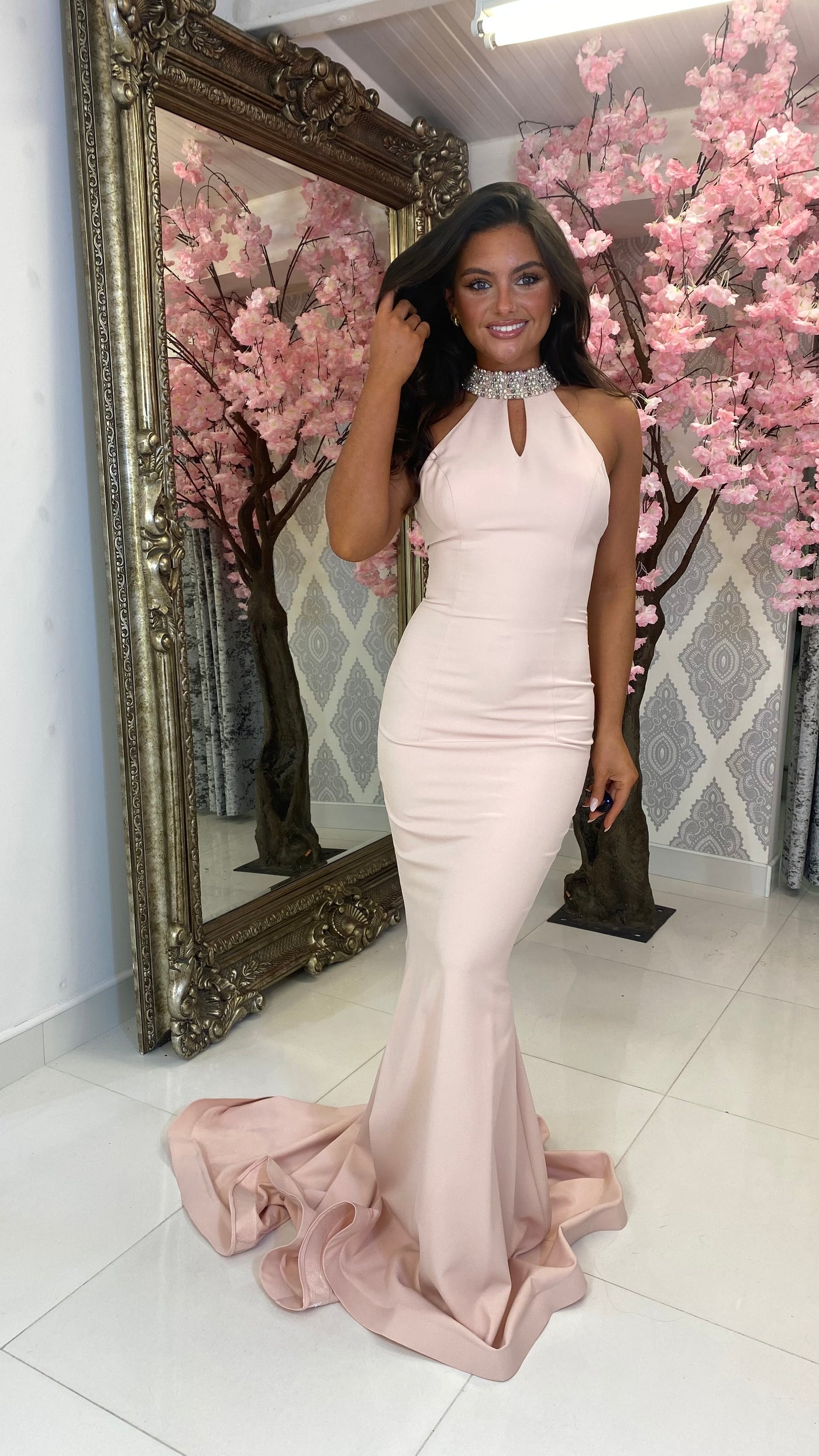 Baby Pink Choker Neck Full Length Gown