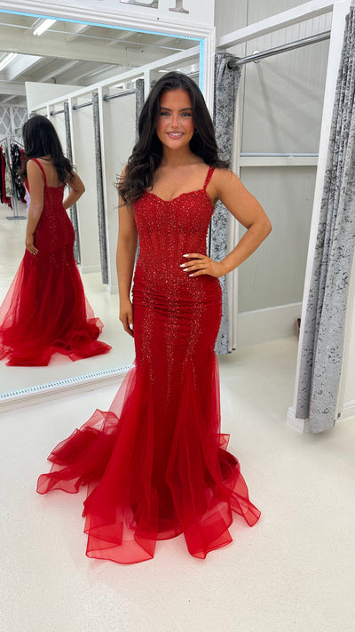 Red Sequin Corset Style Fishtail Full Length Gown