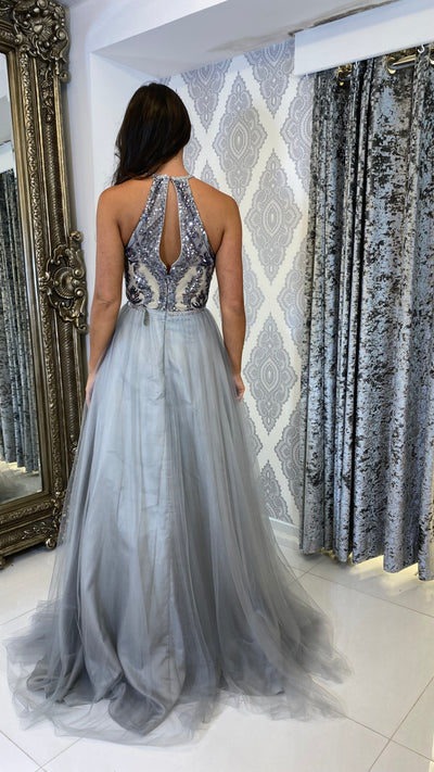 Silver Sequin Top Halterneck Ball Gown