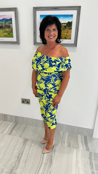 Cobalt and Lime Floral Print Drape Shoulder Midi Bodycon Dress
