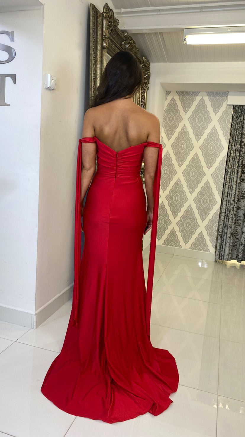 Red Bardot Tie Arms Full Length Gown