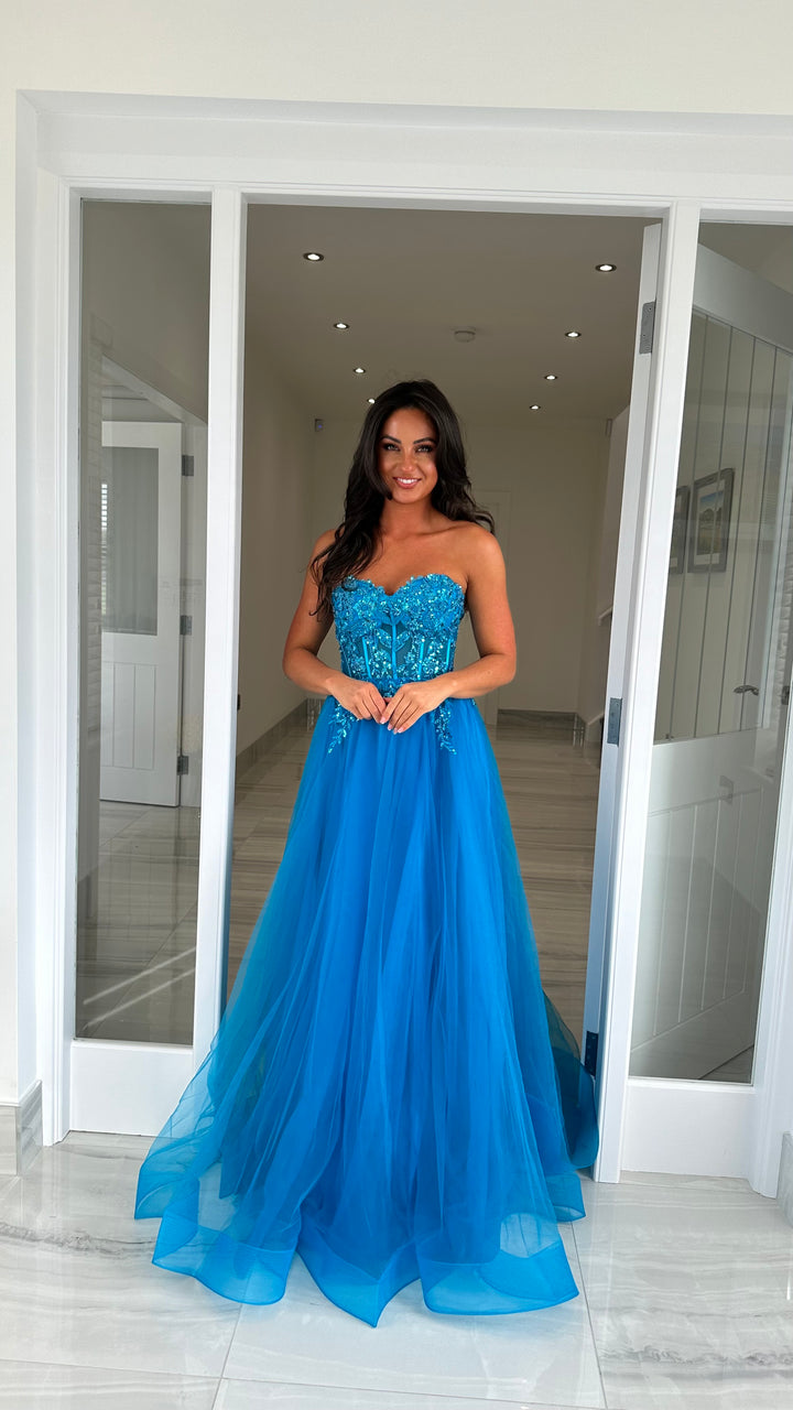 Aqua Mesh Corset Strapless Ball Gown – Rosies Closet