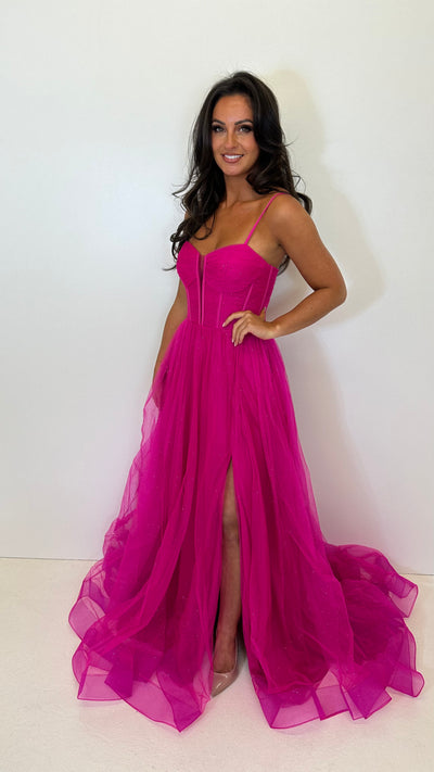 Hot Pink Glitter Corset Back Ball Gown Prom Dress