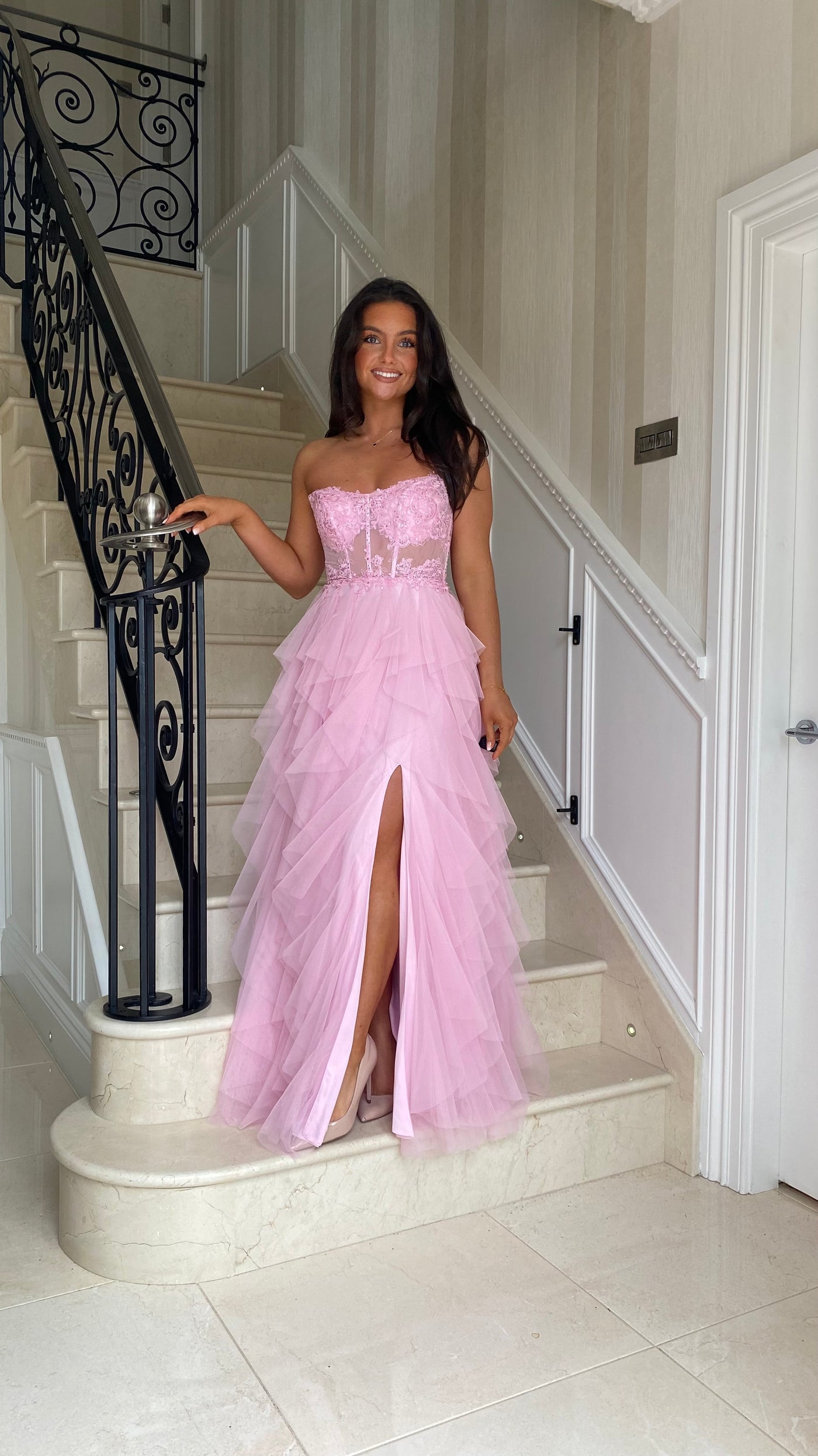 Bubblegum Pink Tiered Ruffle Skirt Corset Strapless Prom Gown Rosies Closet Bubblegum Pink Tiered Ruffle Skirt Corset Strapless Prom Gown Rosies Closet