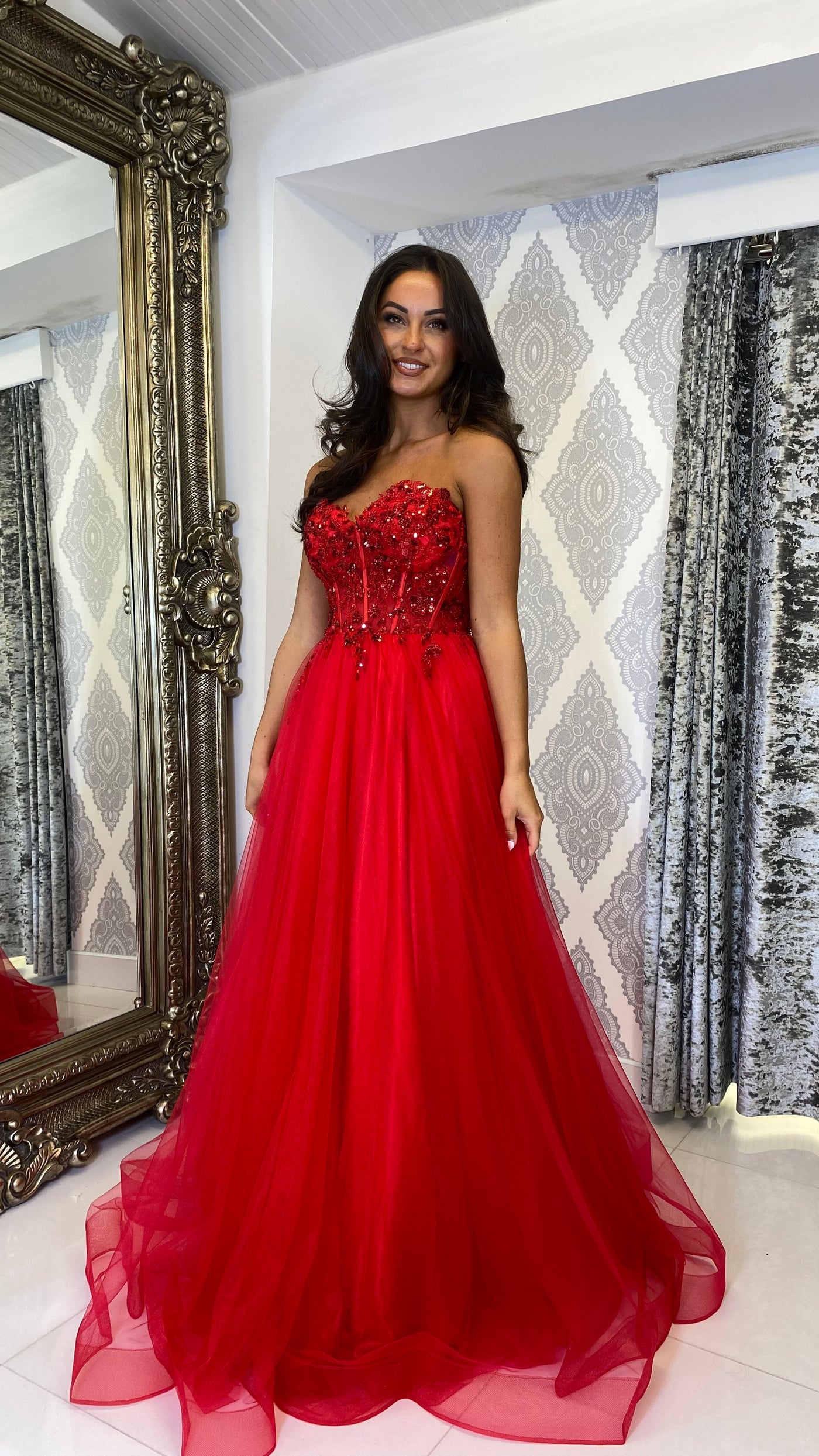 Red Strapless Ball Gown