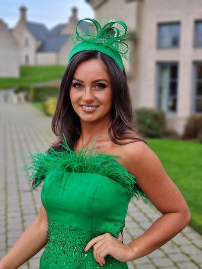 Feathered Jewel-Center Strapless Midi Emerald Green Dress