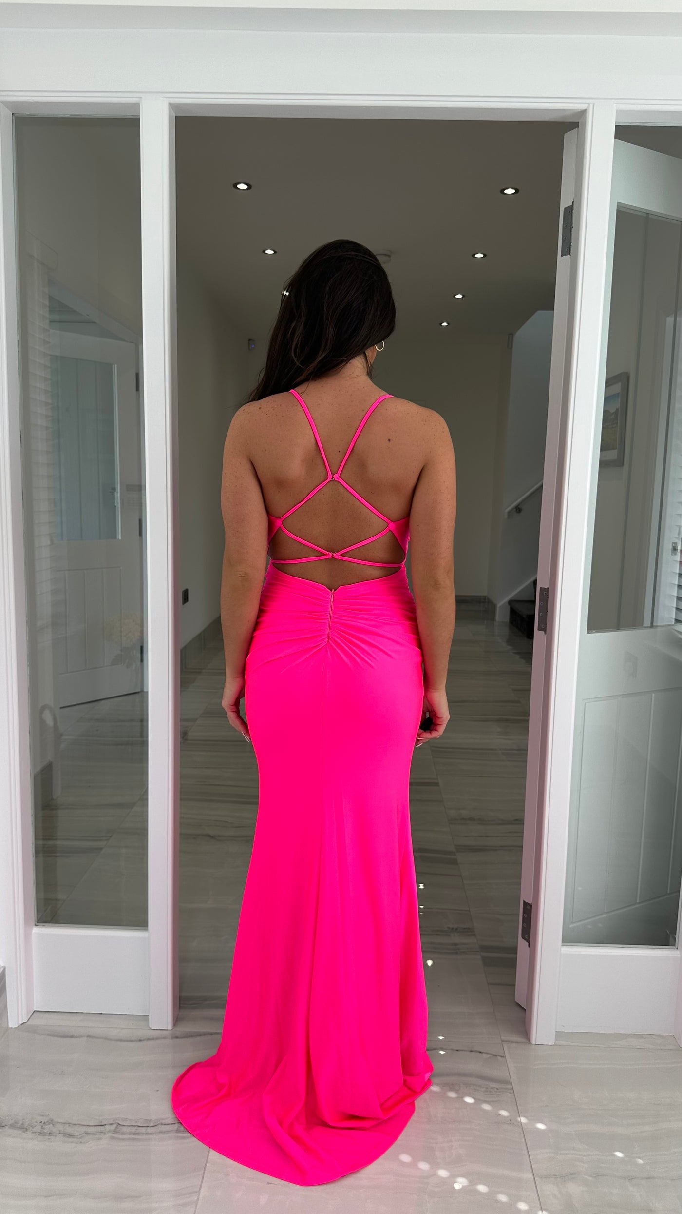 bright pink dress uk Lizabella Hot Pink Dress with Ruched Waist Detail