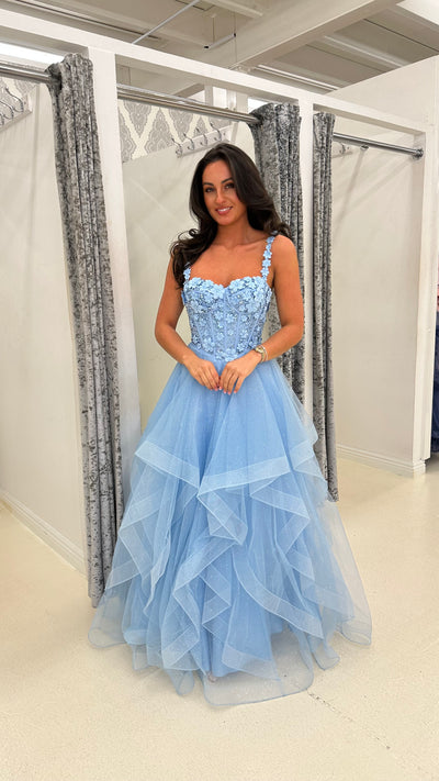 Baby Blue Flower Embroidery Corset Tiered Skirt Ball Gown