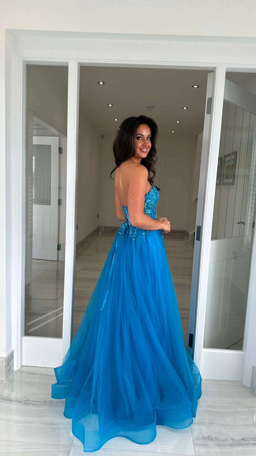 Aqua Mesh Corset Strapless Ball Gown – Rosies Closet