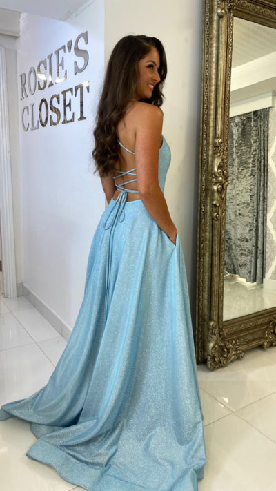 Baby Blue Glitter Tie Back Ball Gown