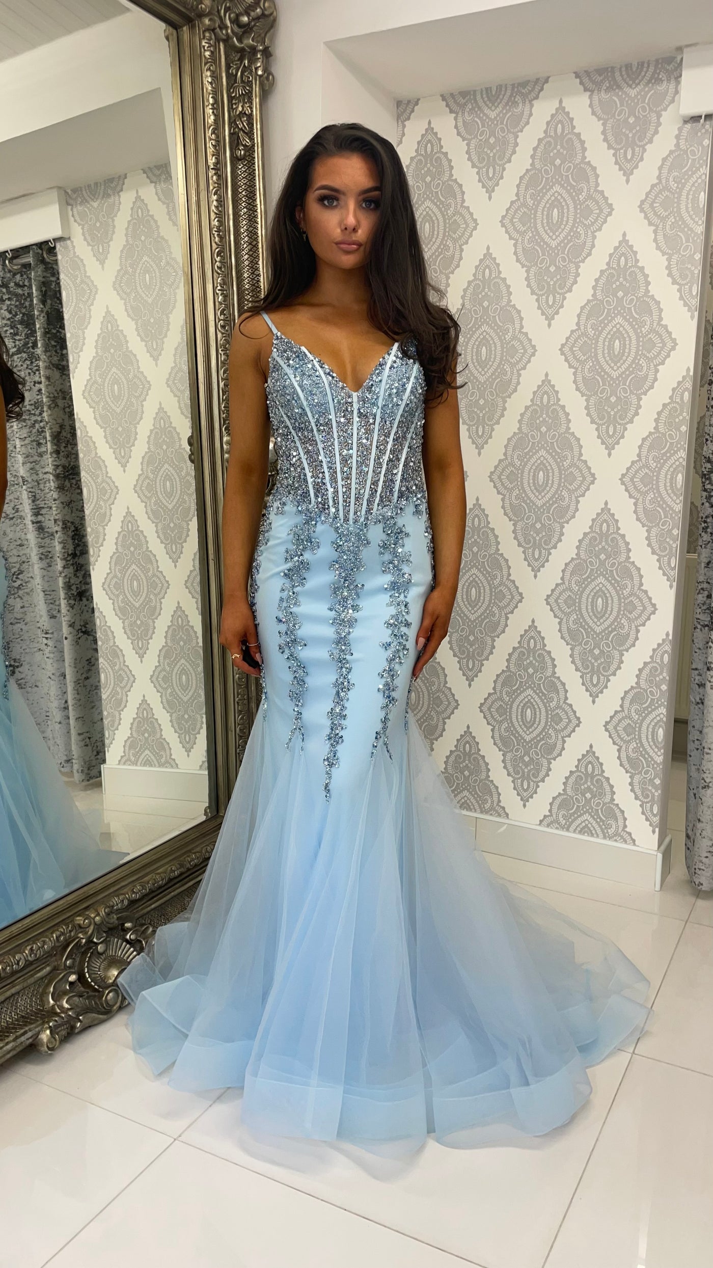 Baby Blue Corset Style Fishtail Full Length Gown