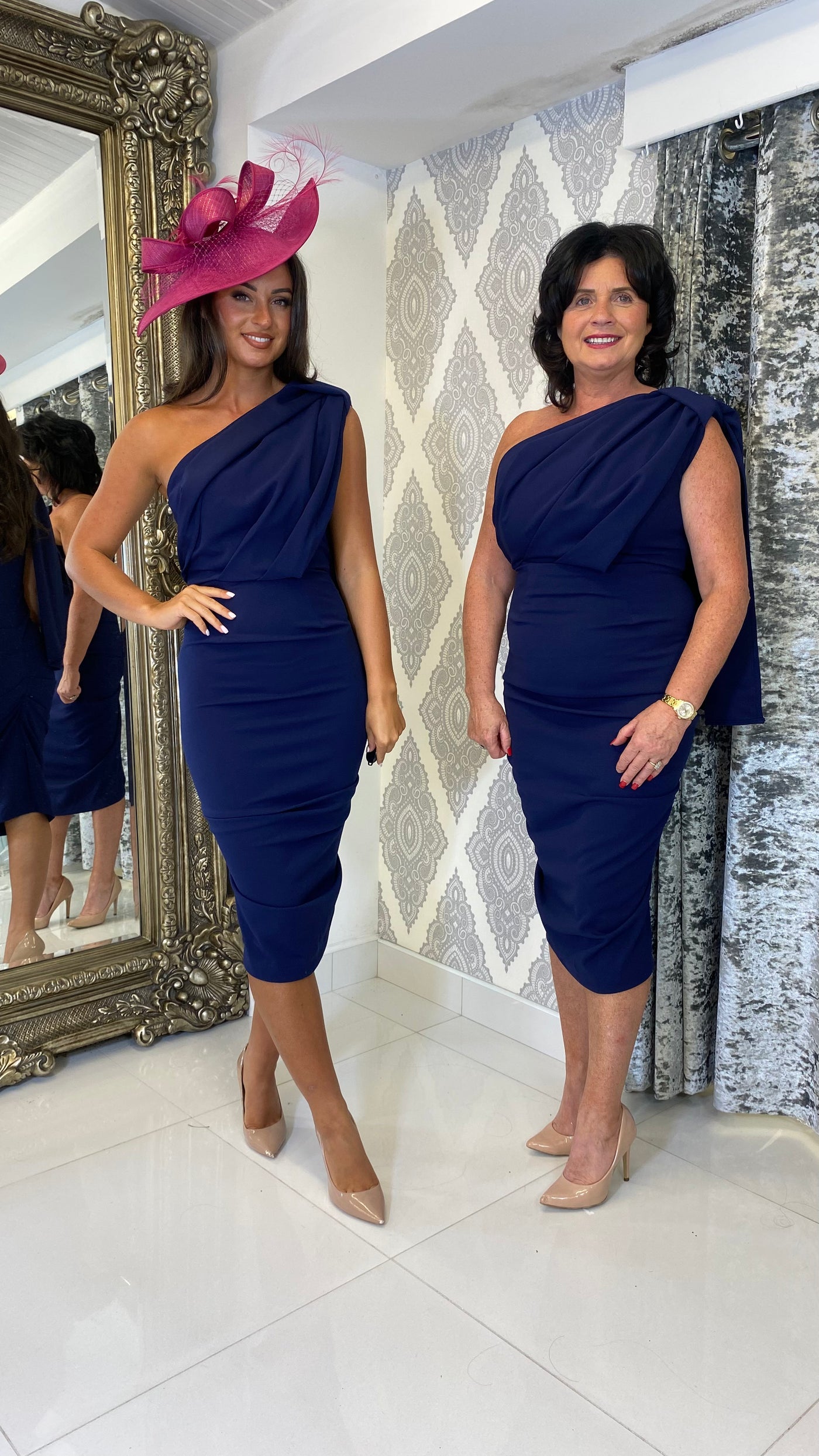 Drape One Shoulder Wedding Guest Dress In Navy Blue