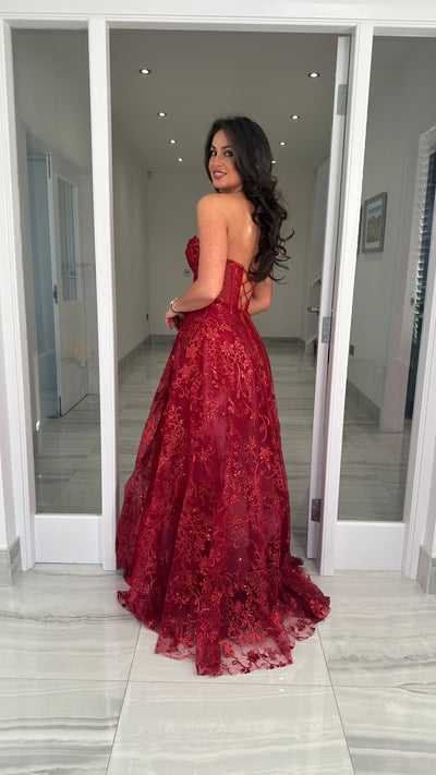 Dark Red Strapless Corset Ball Gown.