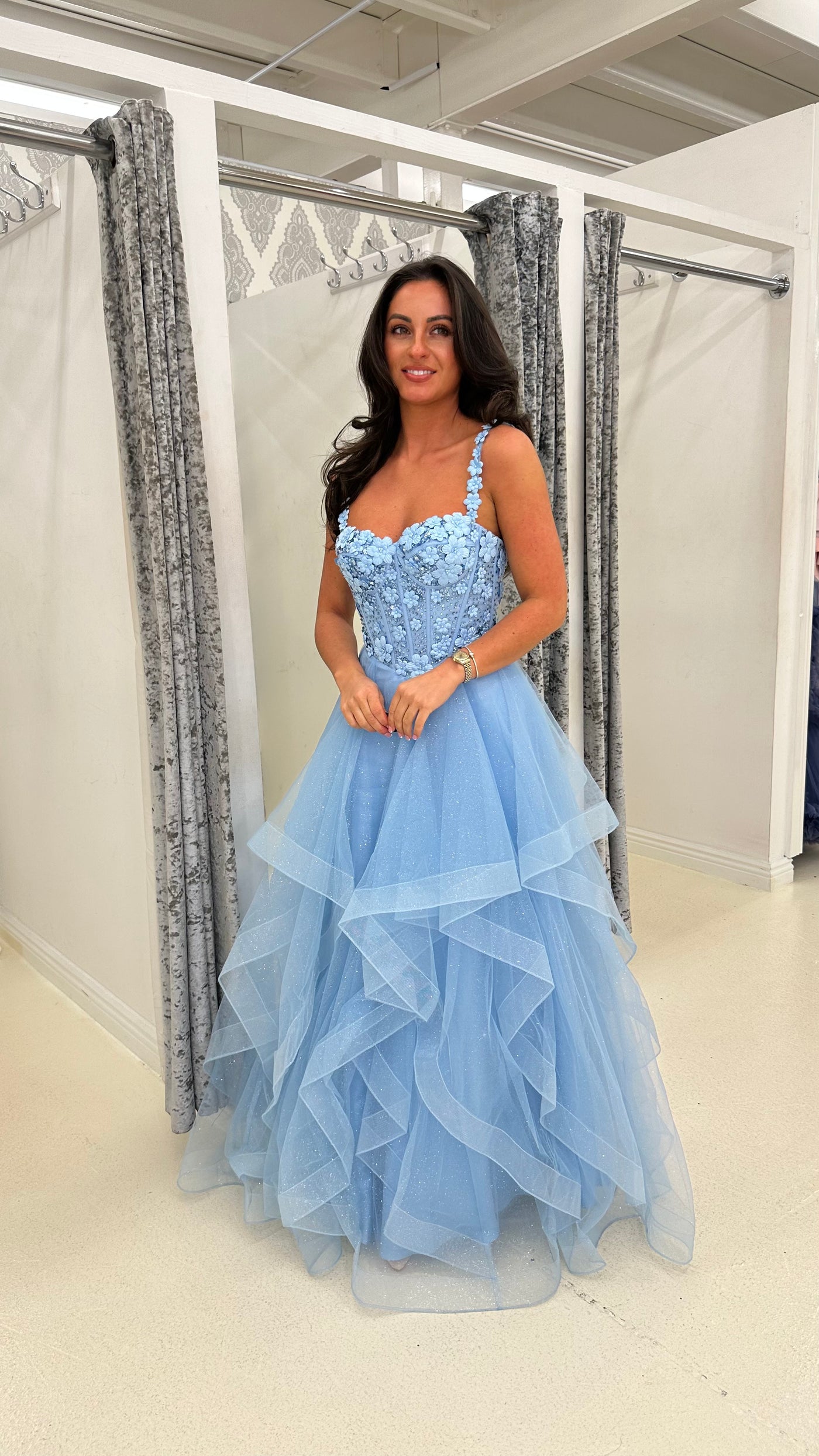 Baby Blue Flower Embroidery Corset Tiered Skirt Ball Gown