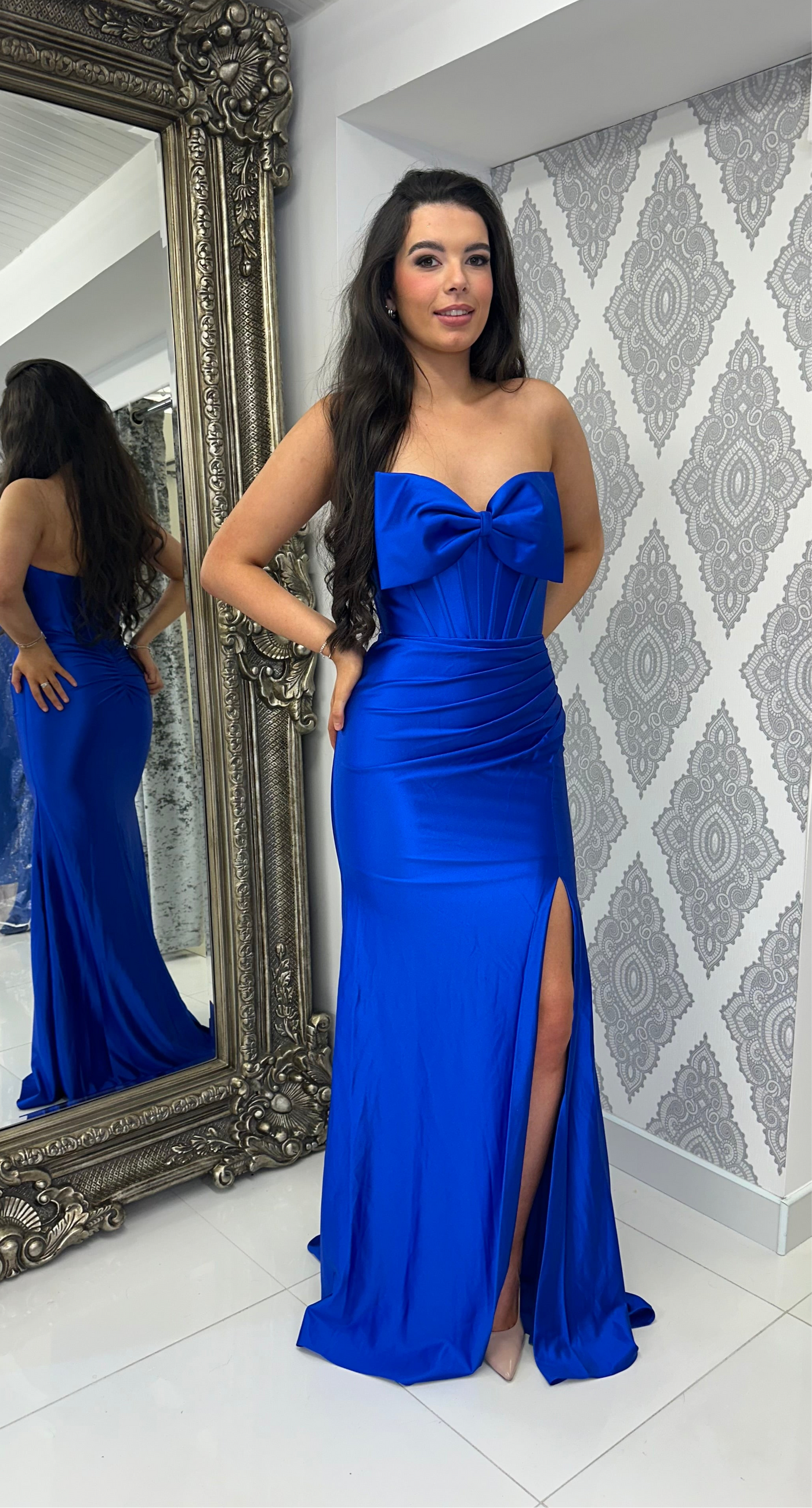 Royal Blue Satin Bow Front Gown