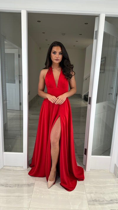 Red Halterneck Full Length Gown