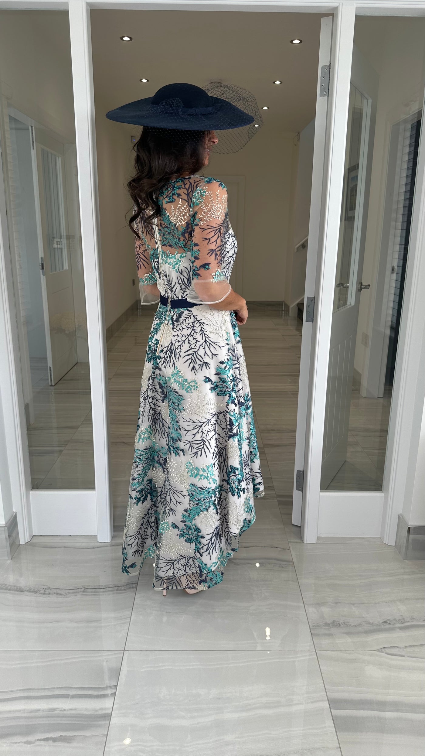 Navy Floral Embroidery Dip Hem Skater Dress