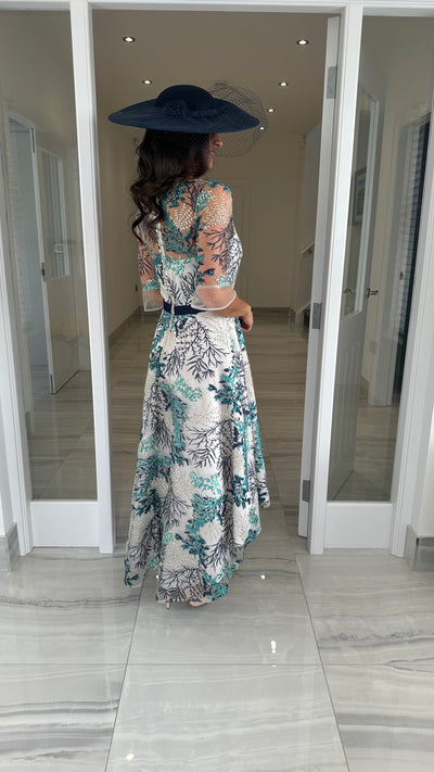 Navy Floral Embroidery Dip Hem Skater Dress