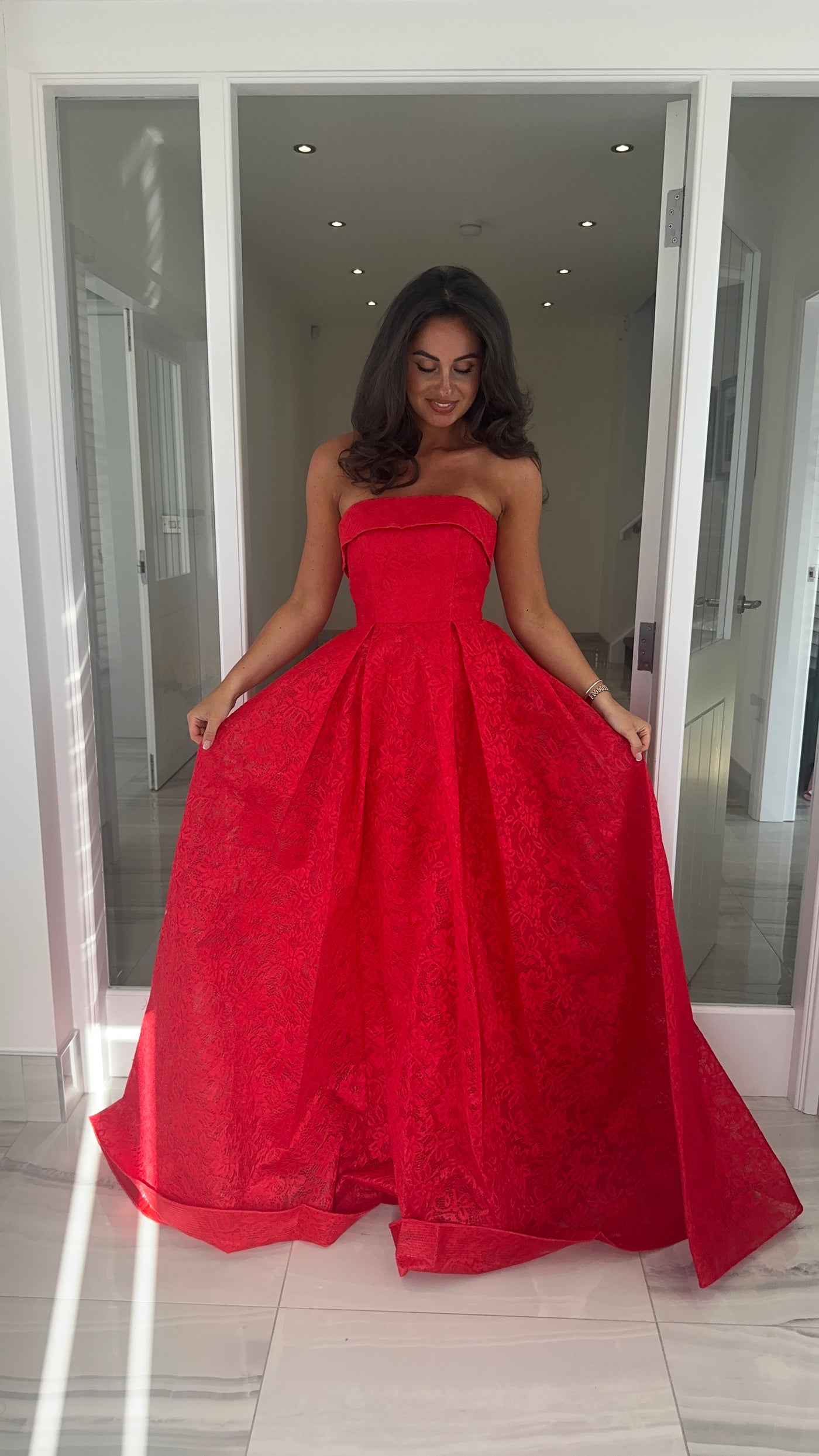 Red Lace Strapless Ball Gown
