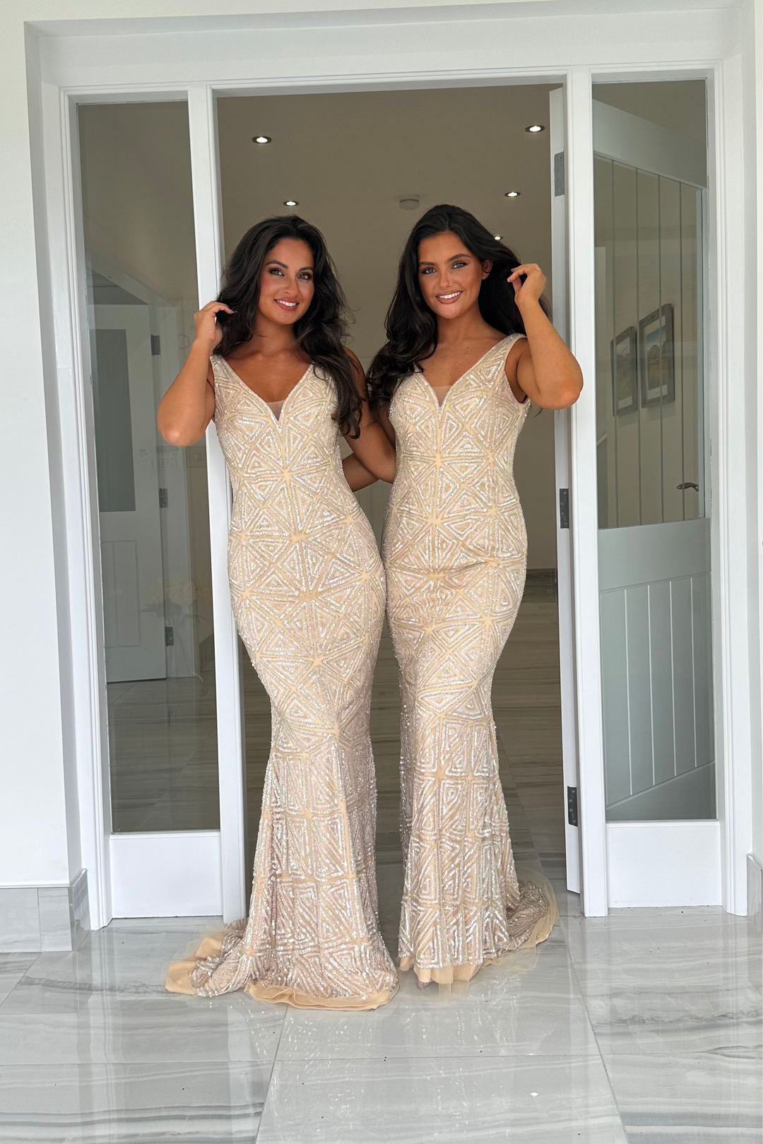 Nude/Champagne Sequin V-Neck Low Back Full Length Gown – Rosies Closet