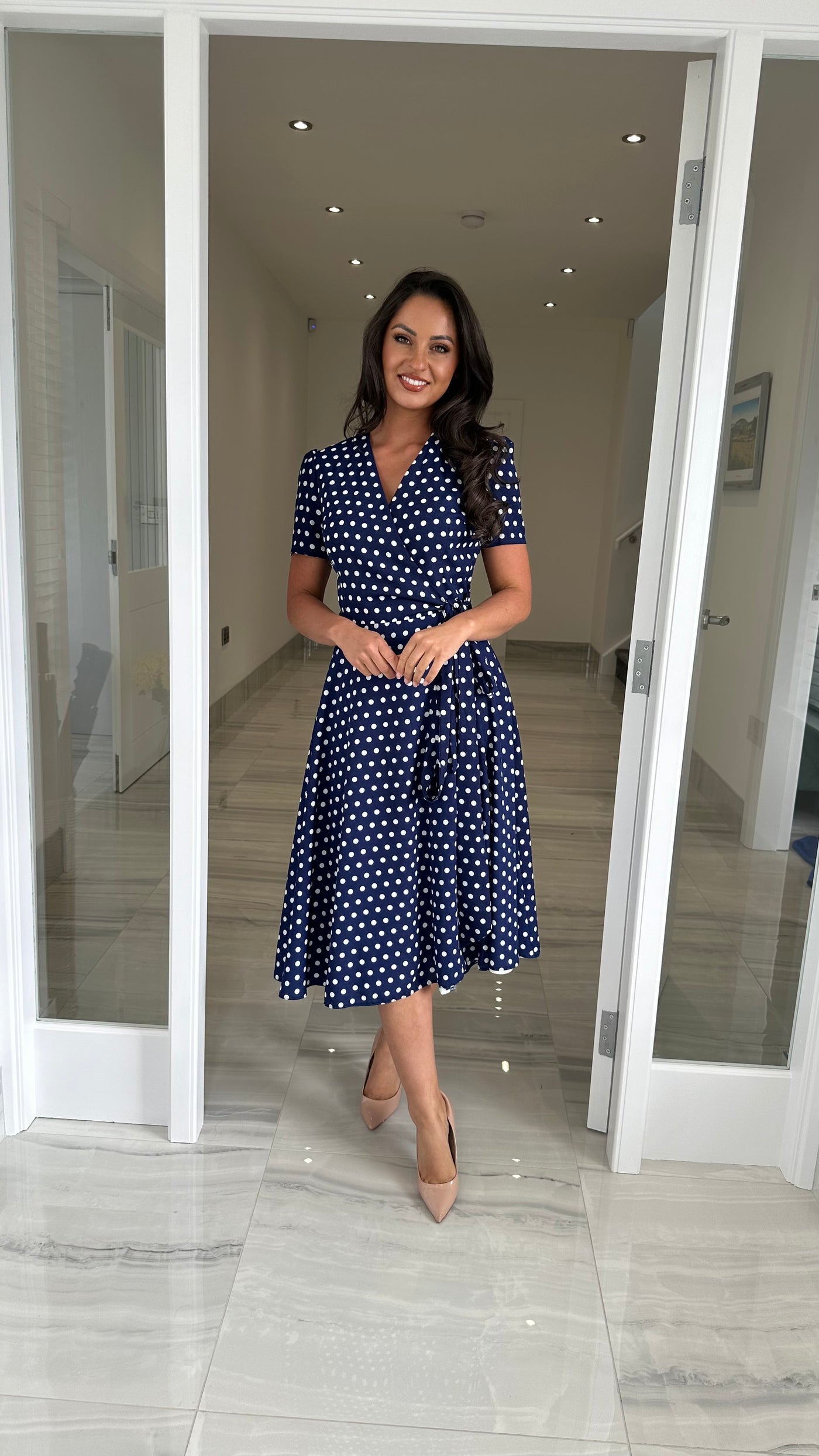 Navy polka dot midi dress shop