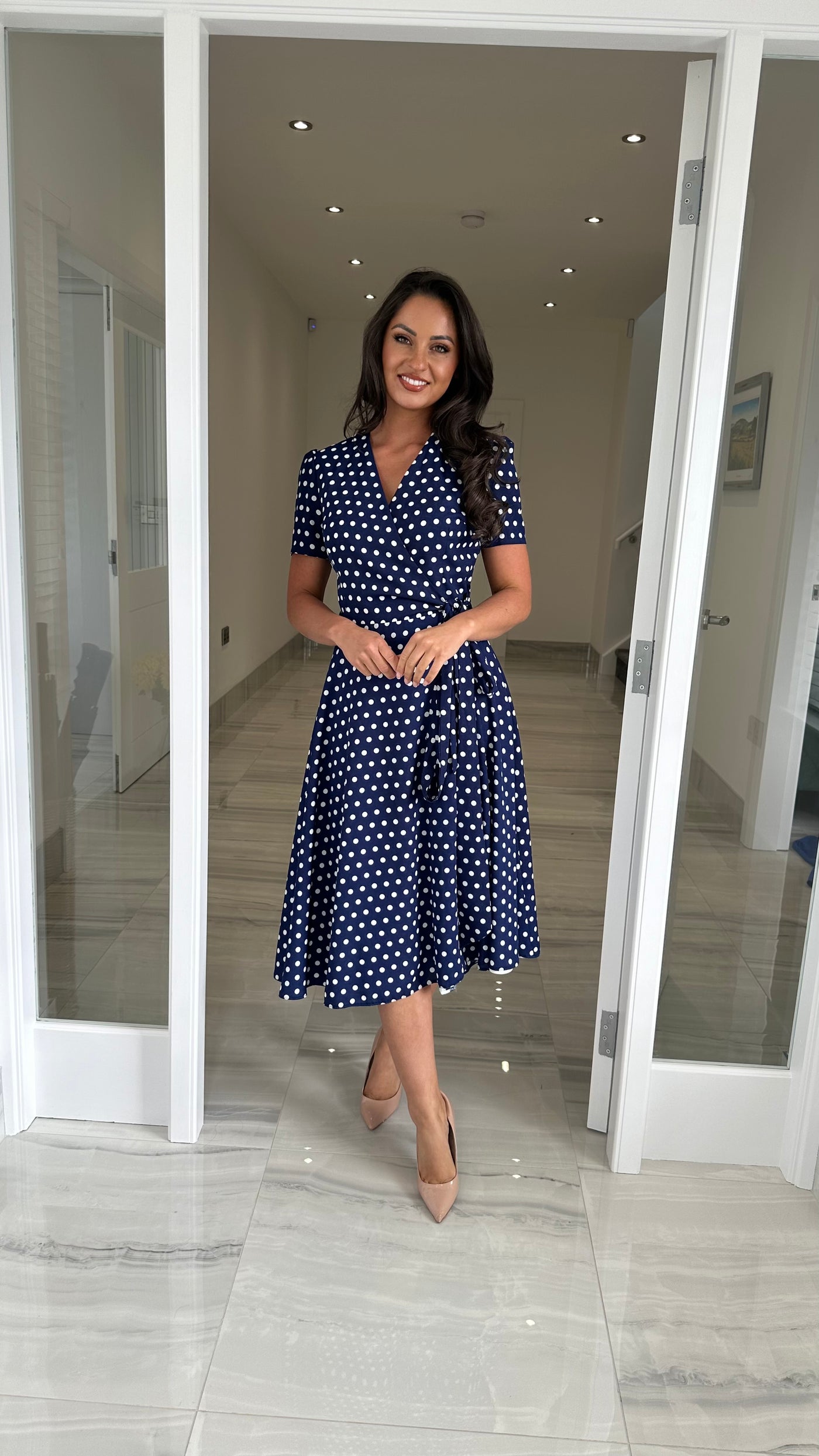 Navy Polka Dot Midi Swing Dress