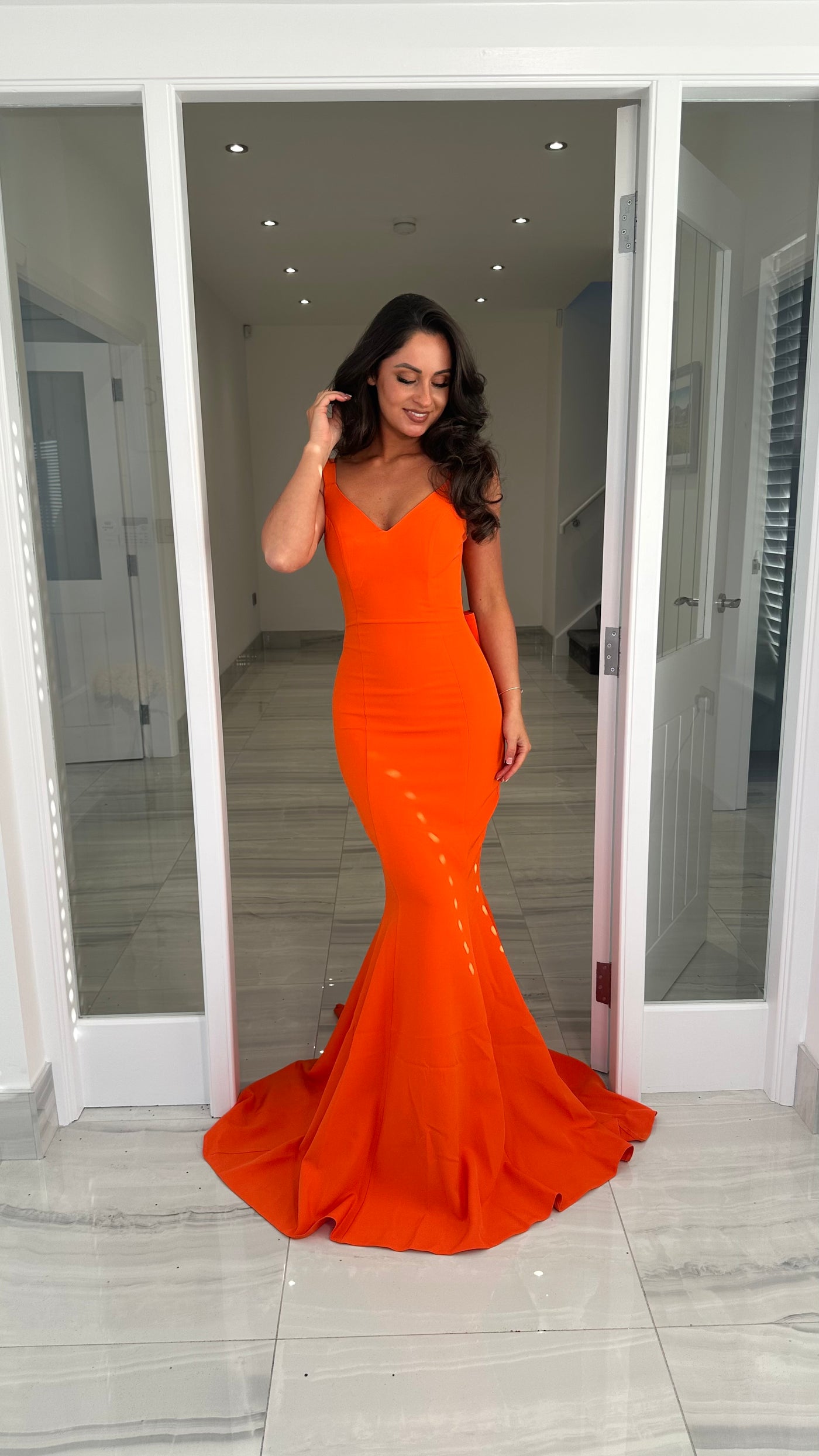 Orange V-Neck Backless Bow Back Prom Dress