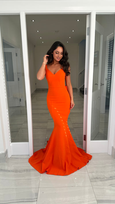 Orange V-Neck Backless Bow Back Prom Dress