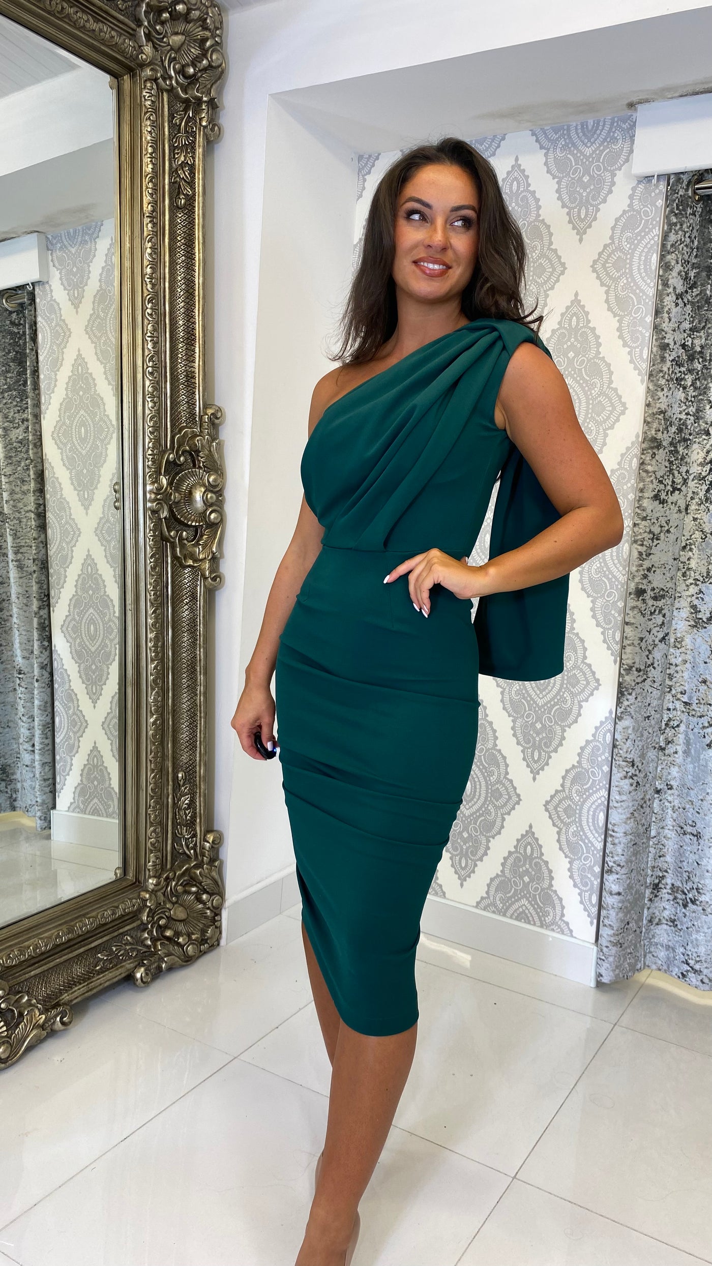 Drape One Shoulder Wedding Guest Dress In Green