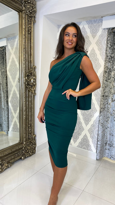 Drape One Shoulder Wedding Guest Dress In Green
