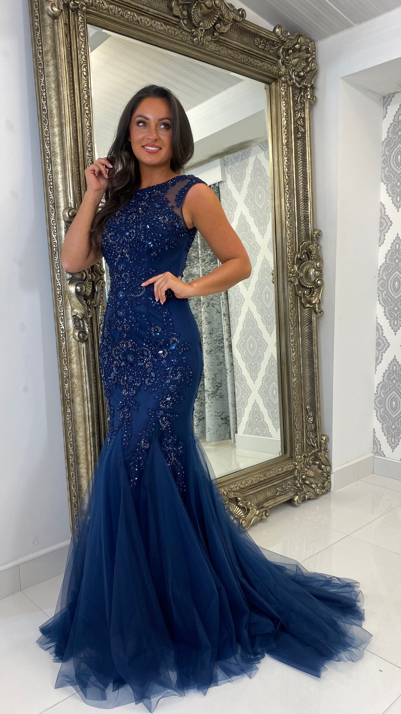 Navy Cap Sleeve Jewelled Fishtail Gown