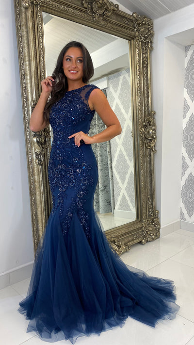 Navy Cap Sleeve Jewelled Fishtail Gown