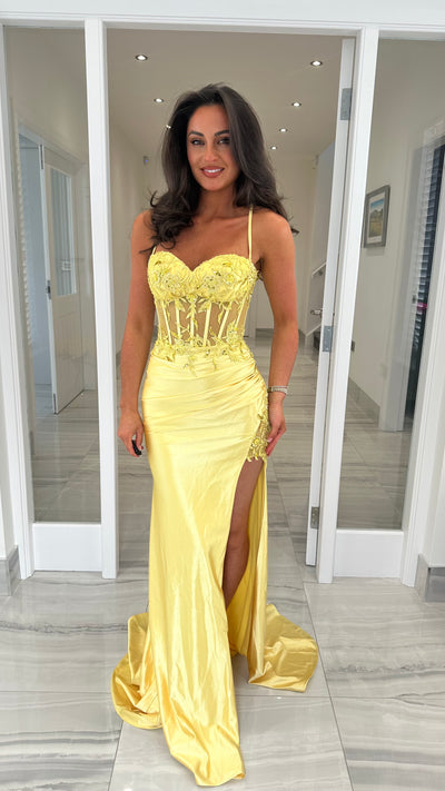 Yellow/Lemon Satin Corset Style Lace Split