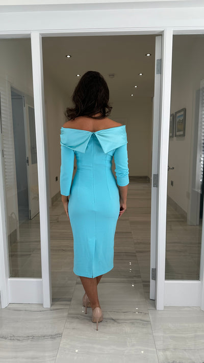 Turquoise Blue Bardot Neckline with Satin Bow Midi Dress