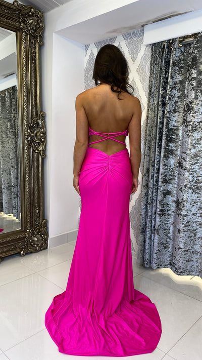 Bright Pink Strapless Detail Open Back Evening Gown