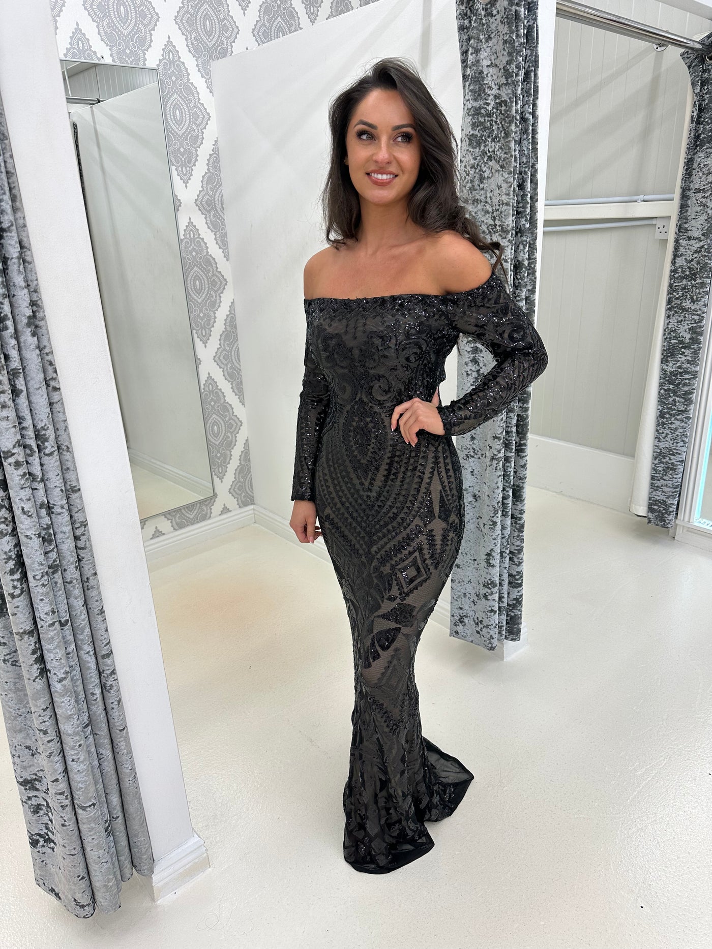 Black Bardot Full Sequin Detailed Maxi Evening Dress