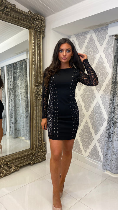 Black Long Sleeve Lace Detail Party Dress