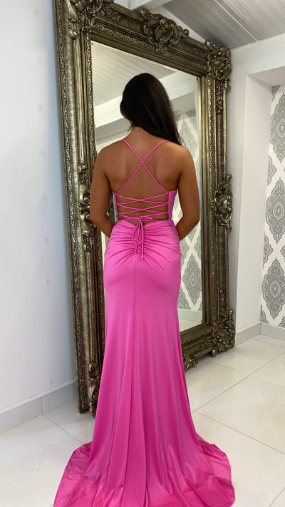 Bright Pink Jewel Cup Corset Full Length Gown