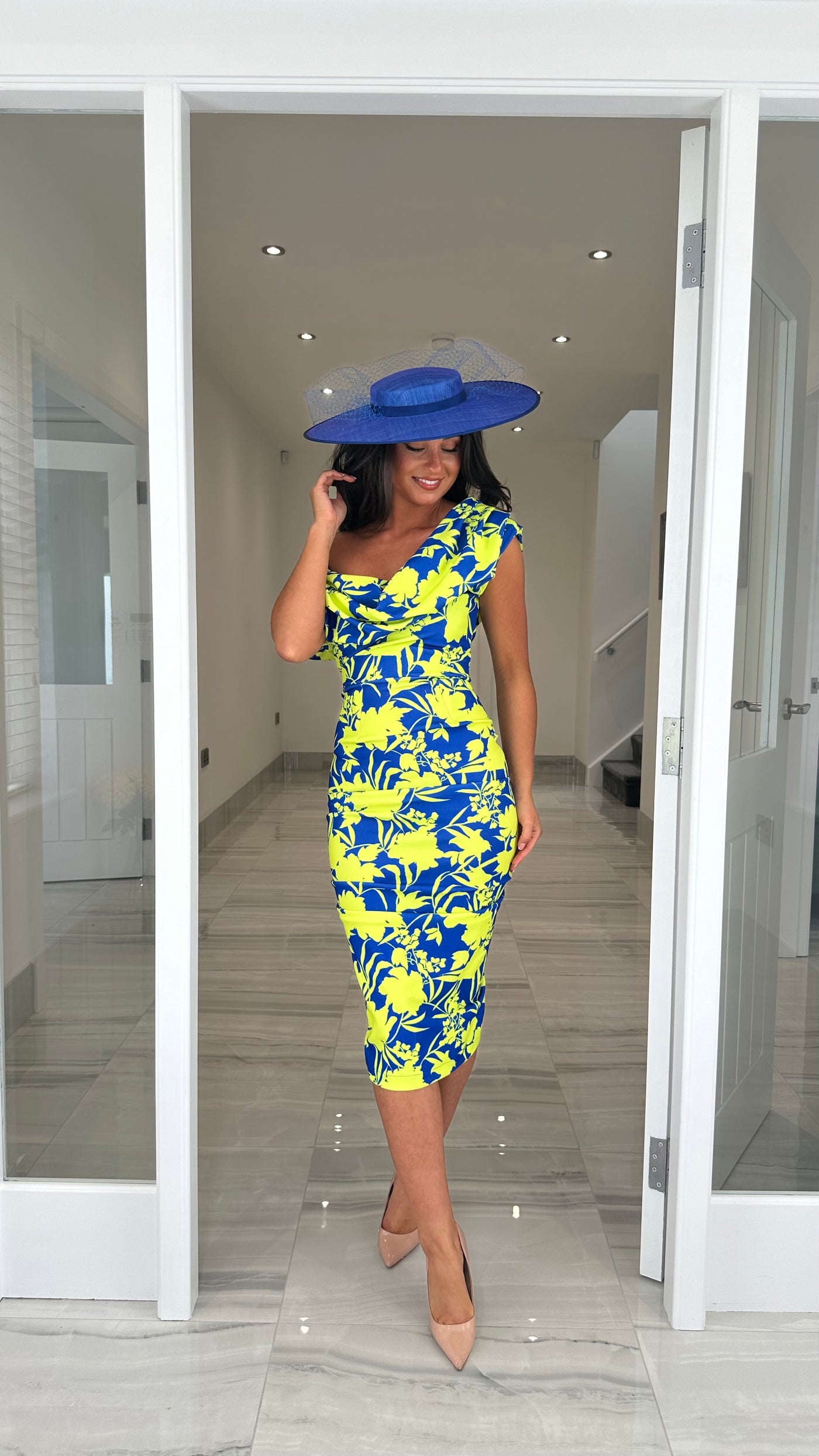 Cobalt and Lime Floral Print Drape Shoulder Midi Bodycon Dress