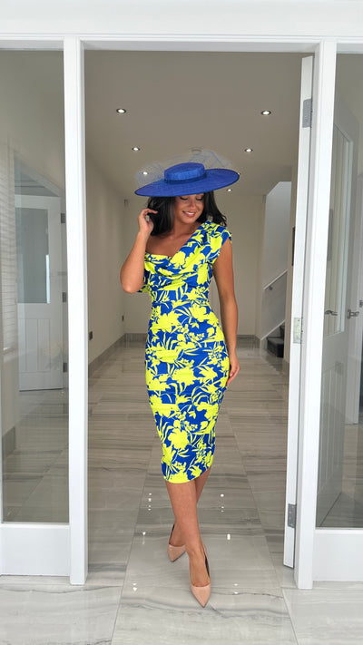 Cobalt and Lime Floral Print Drape Shoulder Midi Bodycon Dress