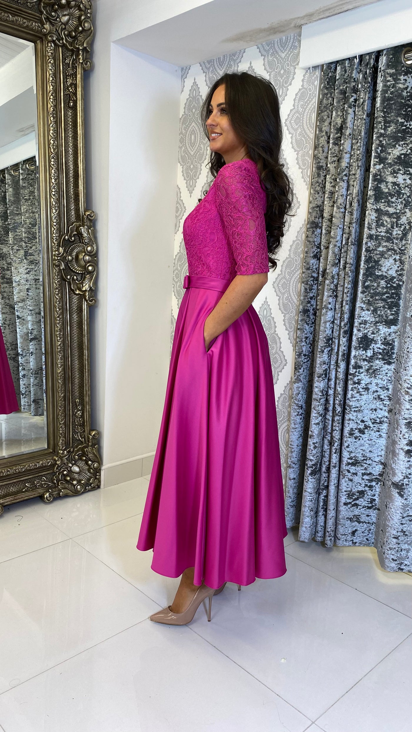 Fuschia Lace Top Skater Dress