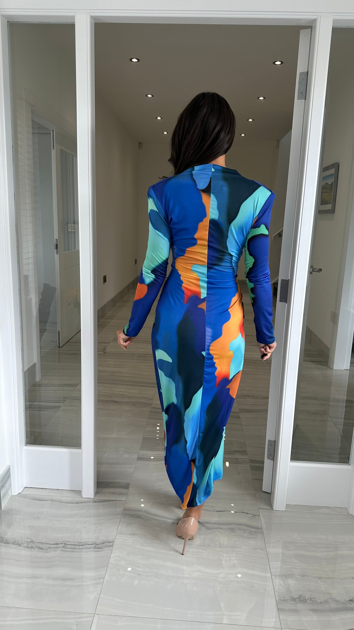 Blue & Orange Long Sleeve Ruched Midi Dress