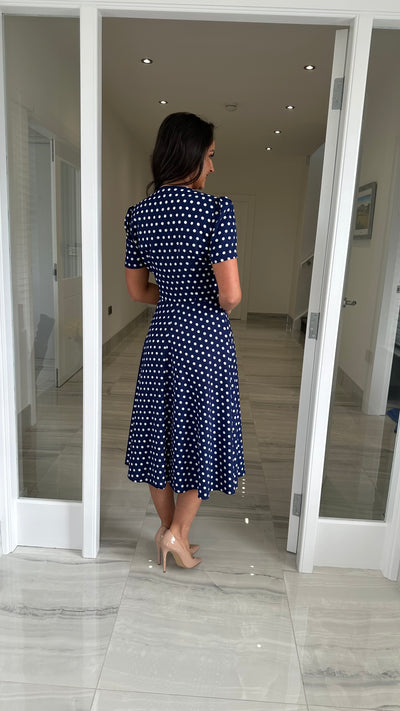 Navy Polka Dot Midi Swing Dress