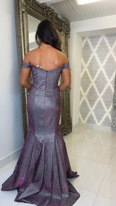 Purple Glitter Fabric Bardot Full Length Gown