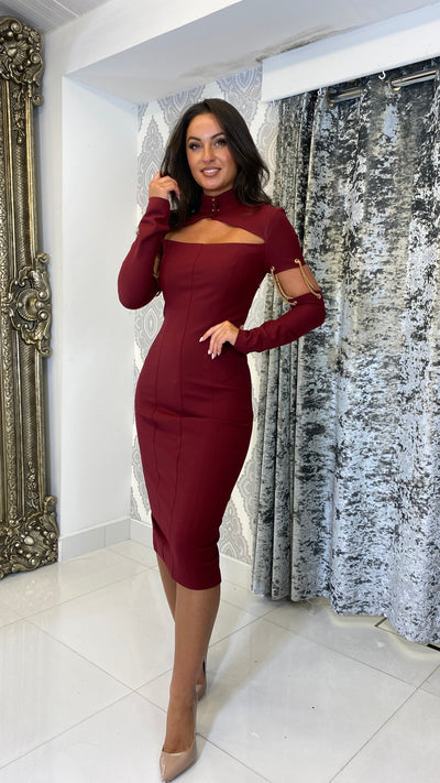 Burgundy Gold Chain Sleeves Detail Midi Dress