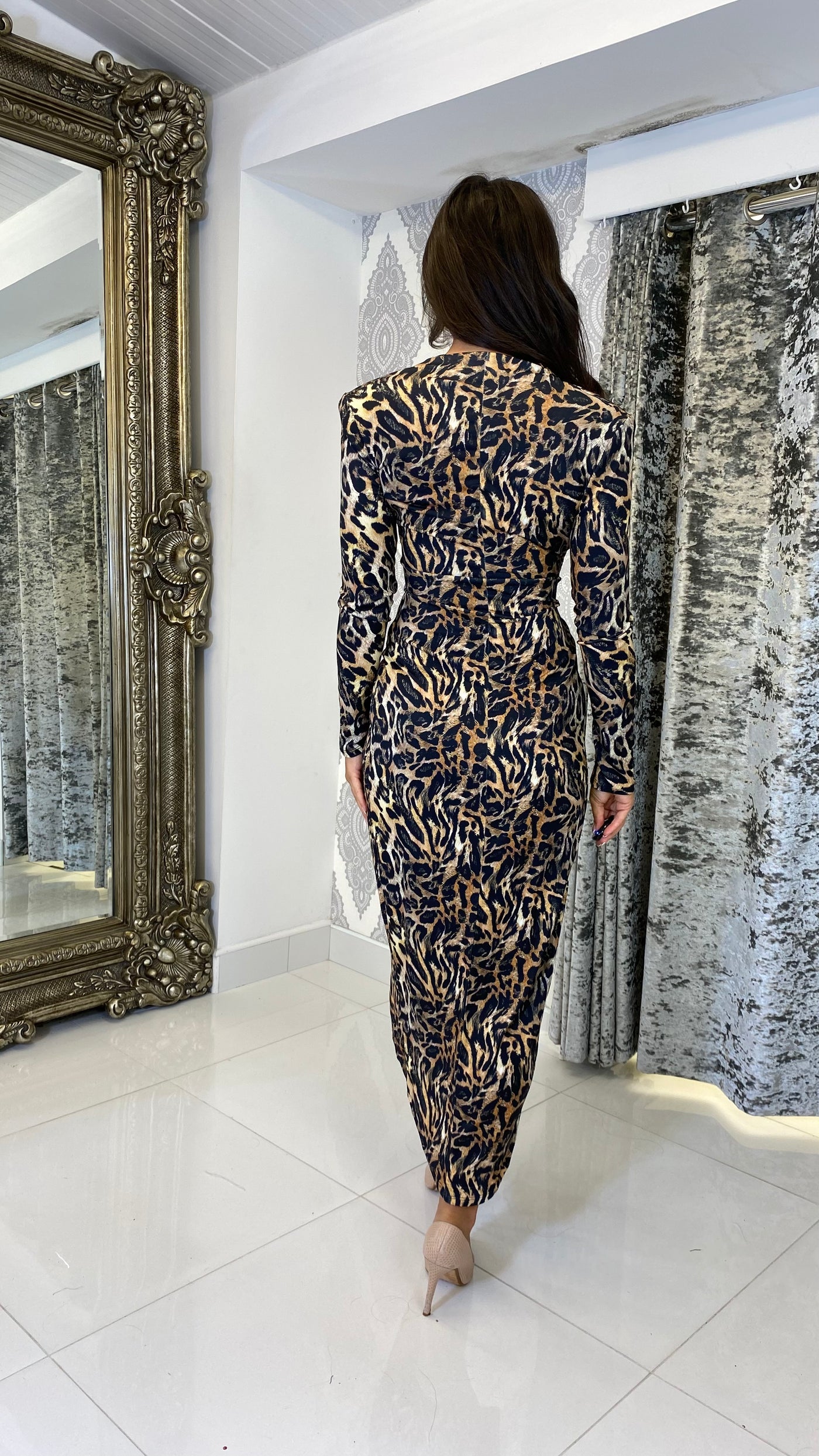Leopard Print Wrap Front Midi Dress