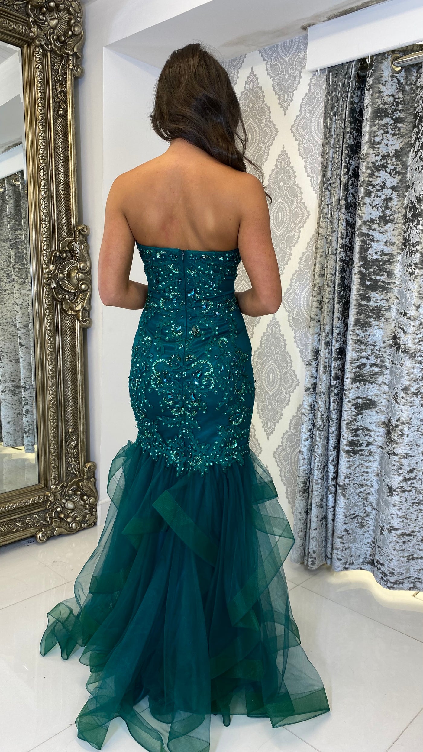 Emerald Green Strapless Jeweled Fishtail Full Length Gown
