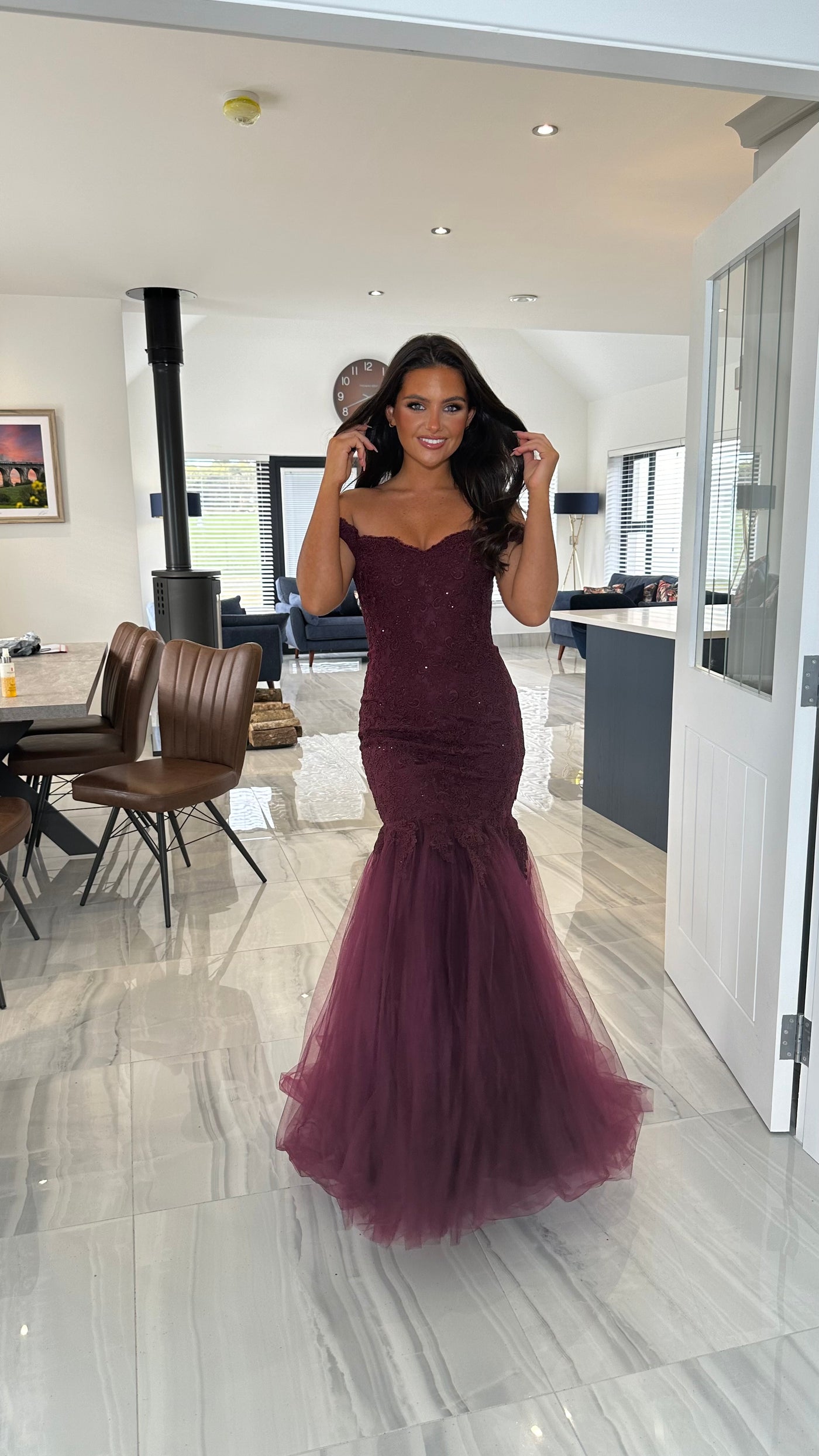 Dark Plum Bardot Lace Fishtail Prom Dress