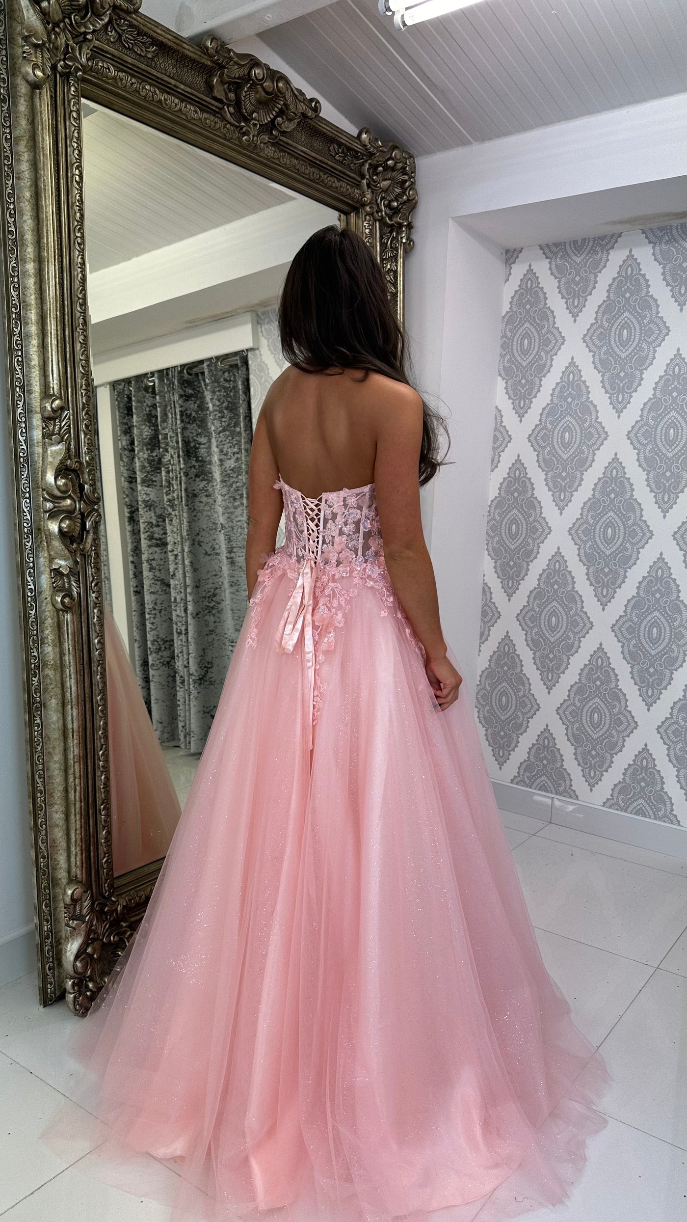 Peach Corset Style Strapless Ball Gown