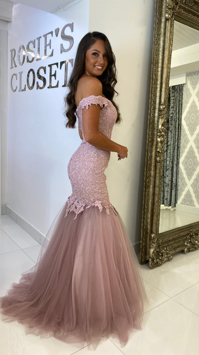 Blush Pink Bardot Lace Fishtail Prom Dress